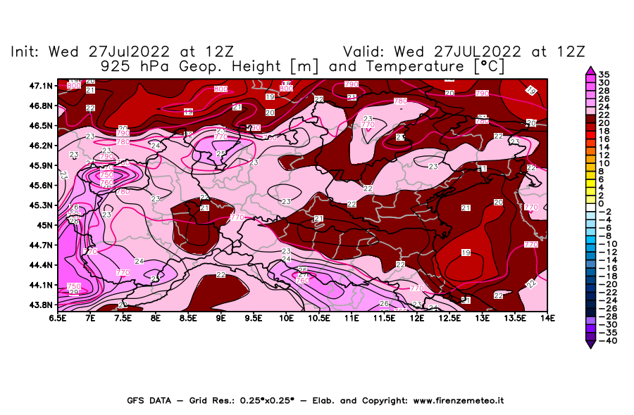 GFS analysi map - Geopotential [m] and Temperature [°C] at 925 hPa in Northern Italy
									on 27/07/2022 12 <!--googleoff: index-->UTC<!--googleon: index-->