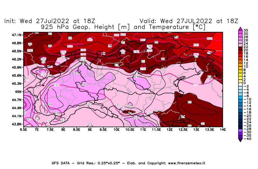 GFS analysi map - Geopotential [m] and Temperature [°C] at 925 hPa in Northern Italy
									on 27/07/2022 18 <!--googleoff: index-->UTC<!--googleon: index-->