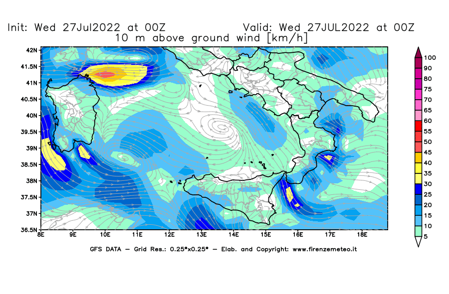 GFS analysi map - Wind Speed at 10 m above ground [km/h] in Southern Italy
									on 27/07/2022 00 <!--googleoff: index-->UTC<!--googleon: index-->