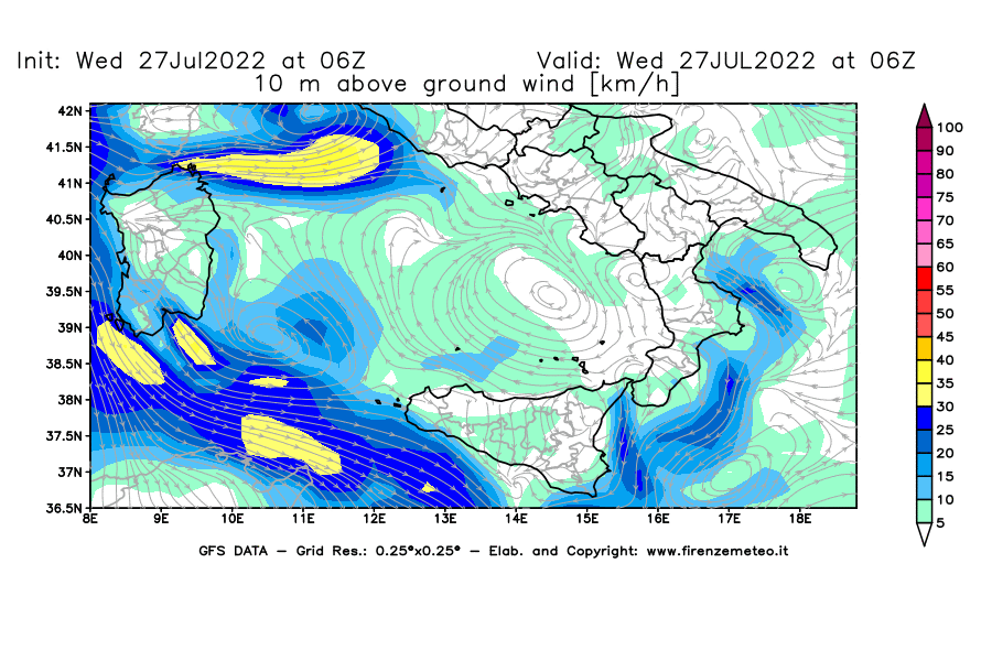 GFS analysi map - Wind Speed at 10 m above ground [km/h] in Southern Italy
									on 27/07/2022 06 <!--googleoff: index-->UTC<!--googleon: index-->