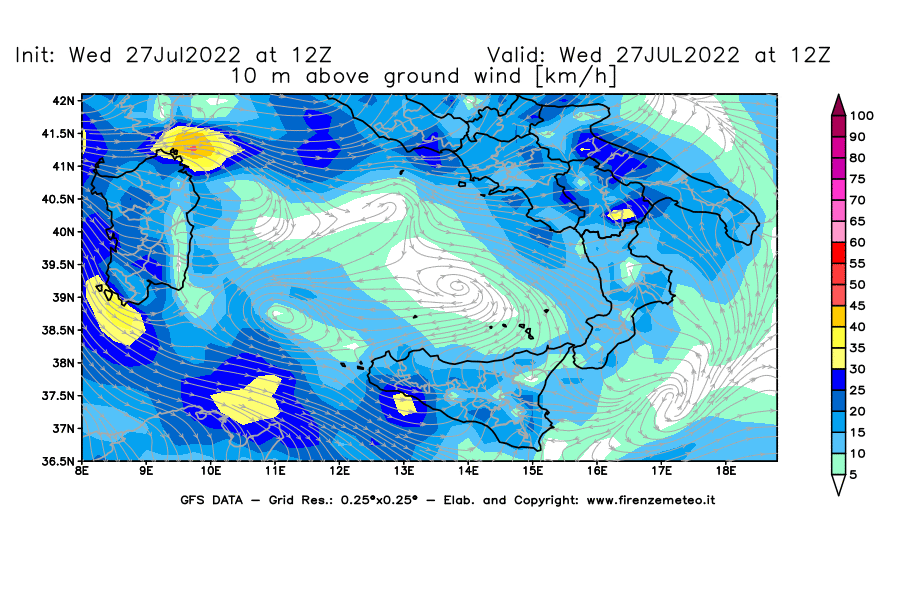 GFS analysi map - Wind Speed at 10 m above ground [km/h] in Southern Italy
									on 27/07/2022 12 <!--googleoff: index-->UTC<!--googleon: index-->