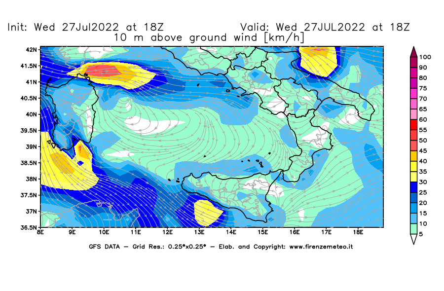 GFS analysi map - Wind Speed at 10 m above ground [km/h] in Southern Italy
									on 27/07/2022 18 <!--googleoff: index-->UTC<!--googleon: index-->