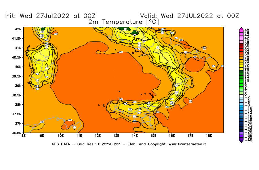 GFS analysi map - Temperature at 2 m above ground [°C] in Southern Italy
									on 27/07/2022 00 <!--googleoff: index-->UTC<!--googleon: index-->