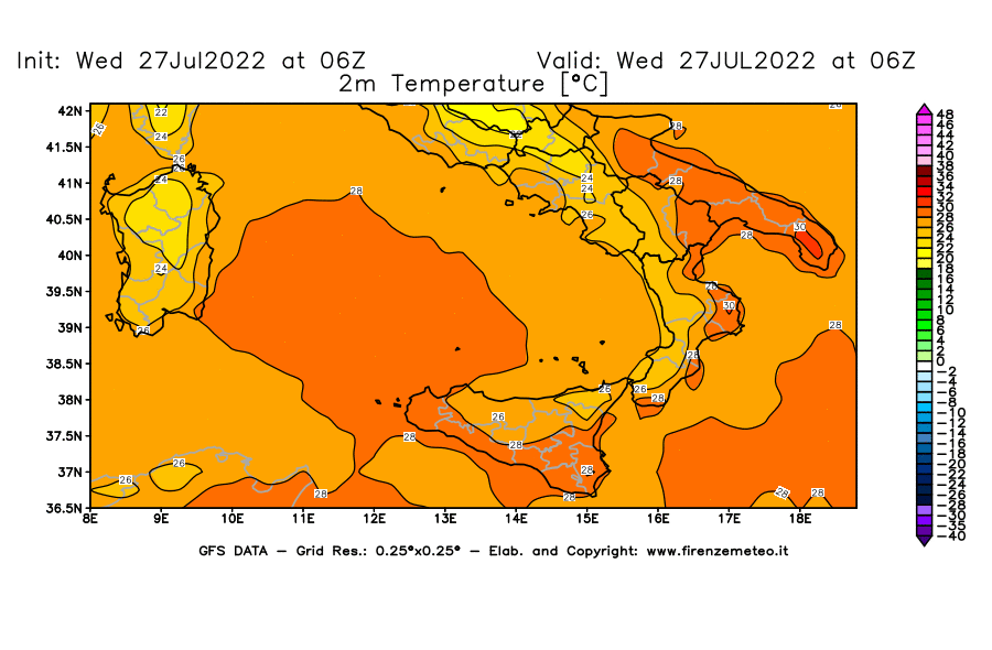 GFS analysi map - Temperature at 2 m above ground [°C] in Southern Italy
									on 27/07/2022 06 <!--googleoff: index-->UTC<!--googleon: index-->