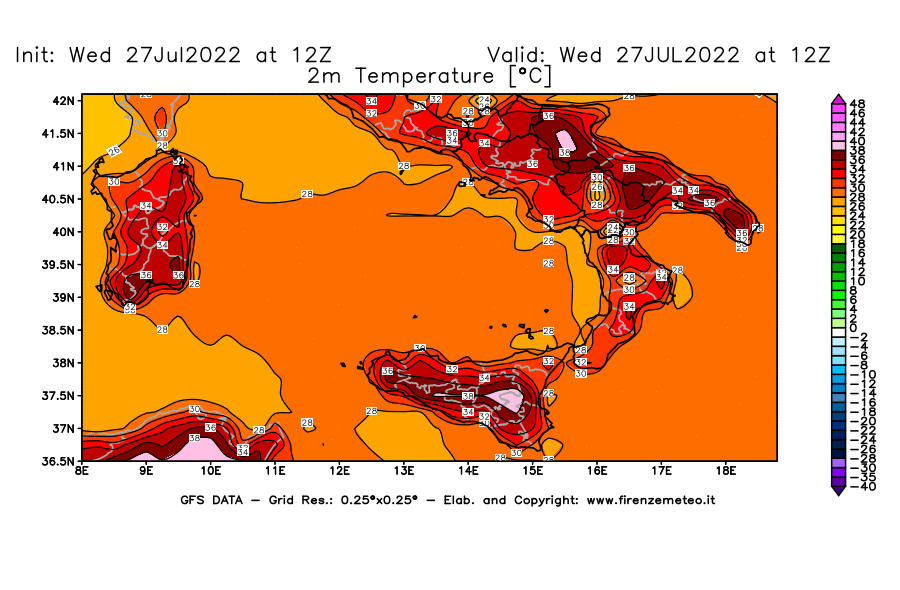 GFS analysi map - Temperature at 2 m above ground [°C] in Southern Italy
									on 27/07/2022 12 <!--googleoff: index-->UTC<!--googleon: index-->