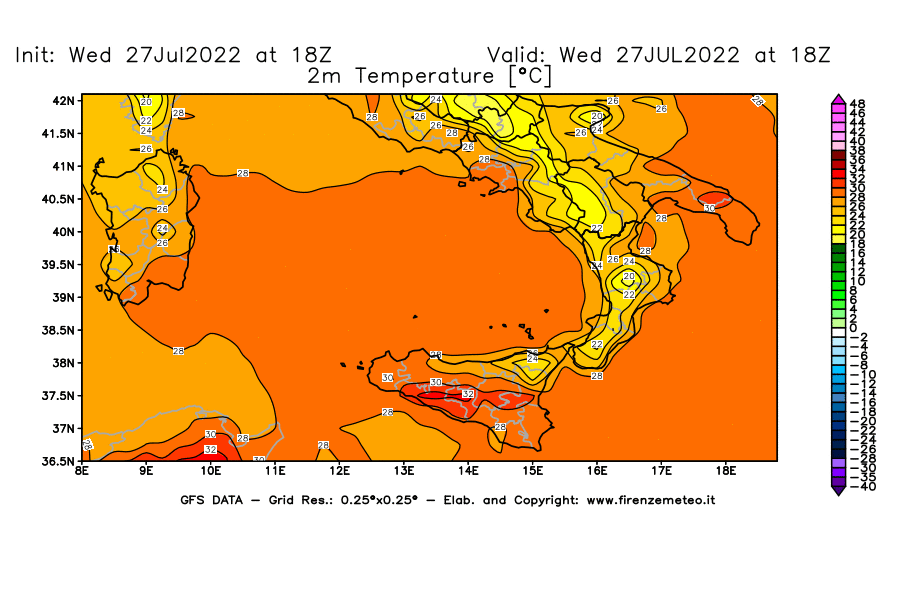 GFS analysi map - Temperature at 2 m above ground [°C] in Southern Italy
									on 27/07/2022 18 <!--googleoff: index-->UTC<!--googleon: index-->