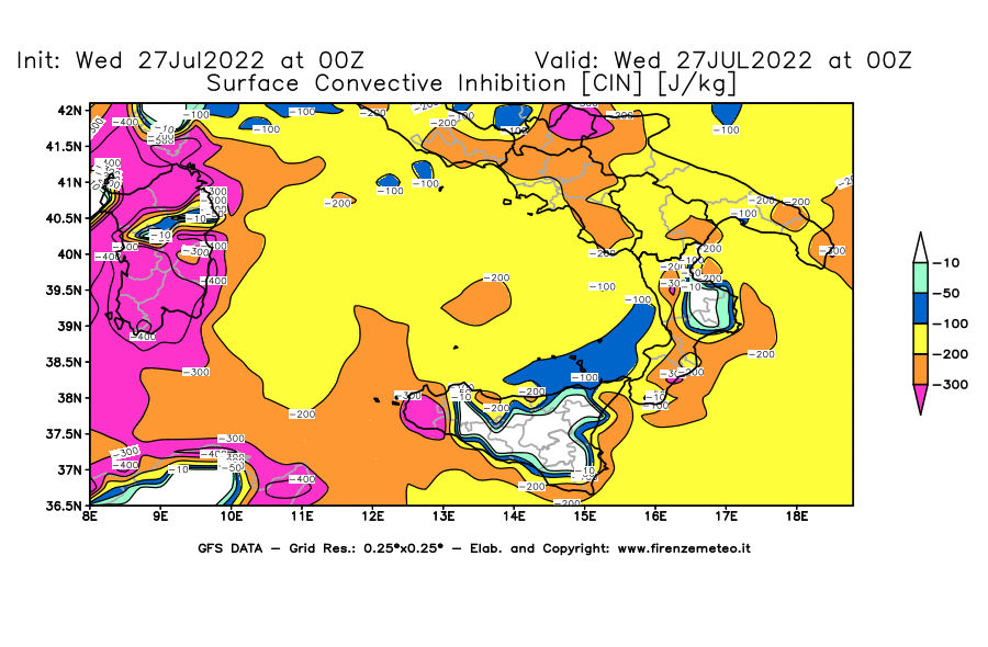 GFS analysi map - CIN [J/kg] in Southern Italy
									on 27/07/2022 00 <!--googleoff: index-->UTC<!--googleon: index-->