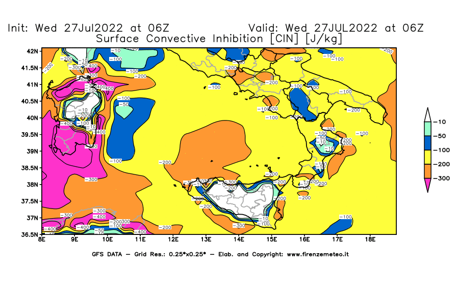 GFS analysi map - CIN [J/kg] in Southern Italy
									on 27/07/2022 06 <!--googleoff: index-->UTC<!--googleon: index-->