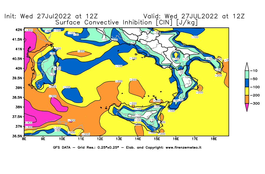 GFS analysi map - CIN [J/kg] in Southern Italy
									on 27/07/2022 12 <!--googleoff: index-->UTC<!--googleon: index-->
