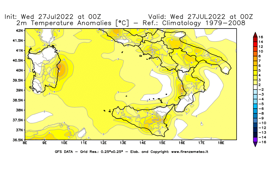 GFS analysi map - Temperature Anomalies [°C] at 2 m in Southern Italy
									on 27/07/2022 00 <!--googleoff: index-->UTC<!--googleon: index-->