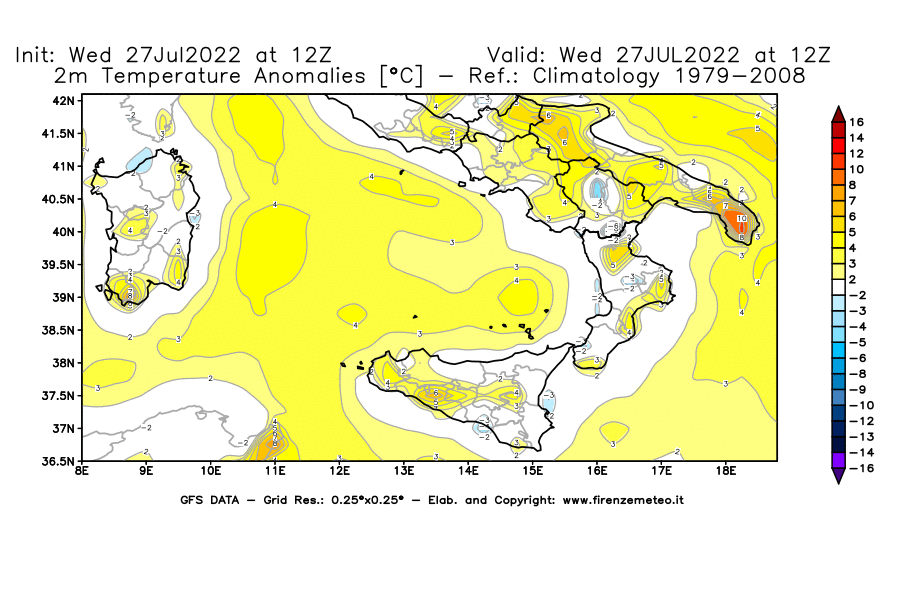 GFS analysi map - Temperature Anomalies [°C] at 2 m in Southern Italy
									on 27/07/2022 12 <!--googleoff: index-->UTC<!--googleon: index-->