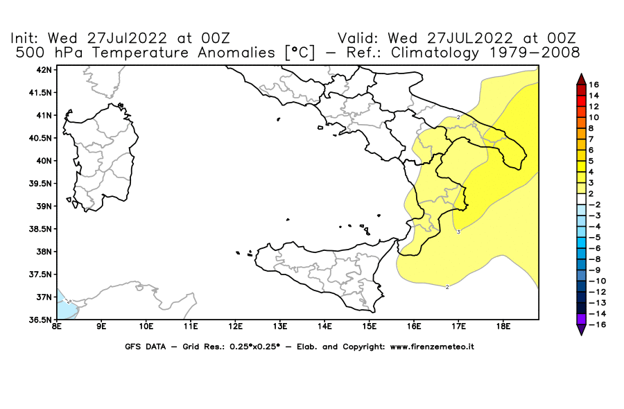 GFS analysi map - Temperature Anomalies [°C] at 500 hPa in Southern Italy
									on 27/07/2022 00 <!--googleoff: index-->UTC<!--googleon: index-->