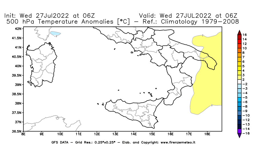 GFS analysi map - Temperature Anomalies [°C] at 500 hPa in Southern Italy
									on 27/07/2022 06 <!--googleoff: index-->UTC<!--googleon: index-->