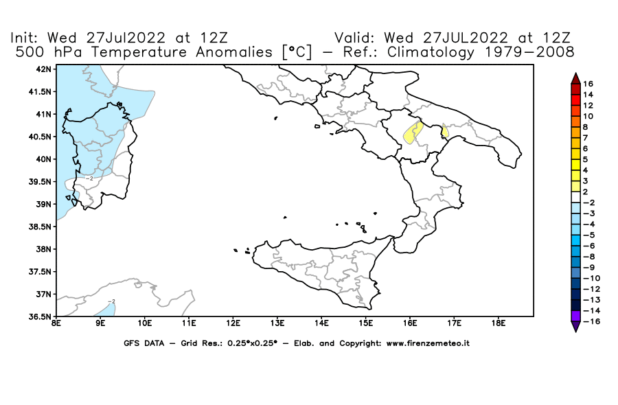 GFS analysi map - Temperature Anomalies [°C] at 500 hPa in Southern Italy
									on 27/07/2022 12 <!--googleoff: index-->UTC<!--googleon: index-->
