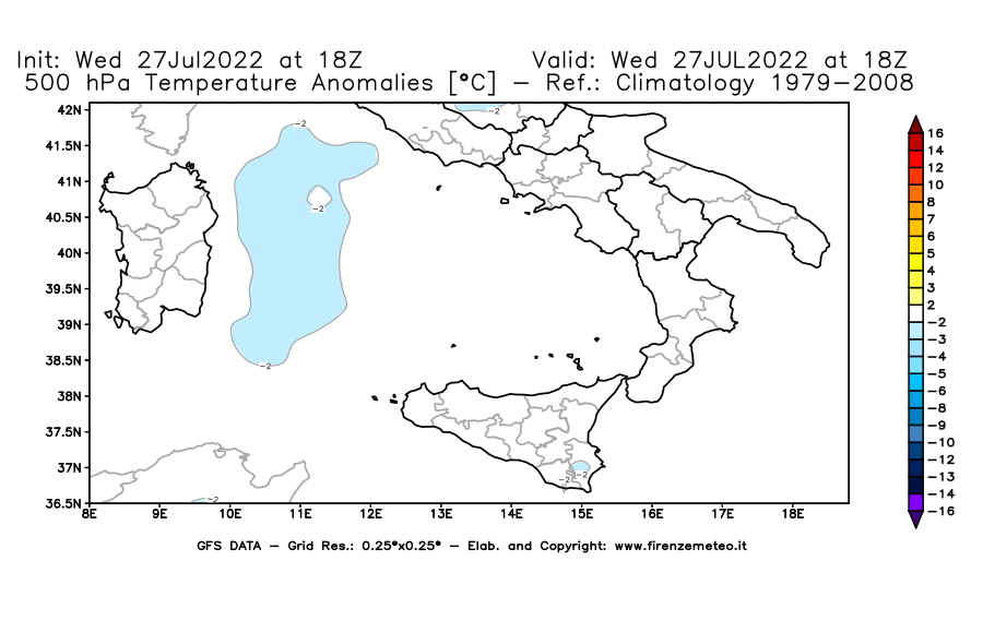 GFS analysi map - Temperature Anomalies [°C] at 500 hPa in Southern Italy
									on 27/07/2022 18 <!--googleoff: index-->UTC<!--googleon: index-->