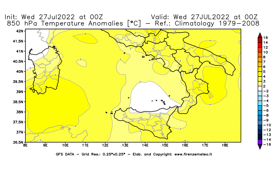 GFS analysi map - Temperature Anomalies [°C] at 850 hPa in Southern Italy
									on 27/07/2022 00 <!--googleoff: index-->UTC<!--googleon: index-->