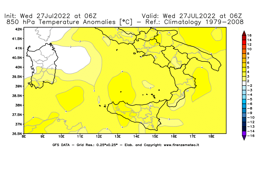 GFS analysi map - Temperature Anomalies [°C] at 850 hPa in Southern Italy
									on 27/07/2022 06 <!--googleoff: index-->UTC<!--googleon: index-->