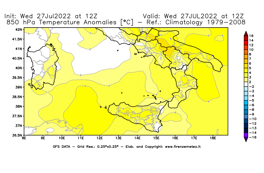 GFS analysi map - Temperature Anomalies [°C] at 850 hPa in Southern Italy
									on 27/07/2022 12 <!--googleoff: index-->UTC<!--googleon: index-->