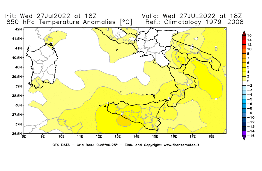 GFS analysi map - Temperature Anomalies [°C] at 850 hPa in Southern Italy
									on 27/07/2022 18 <!--googleoff: index-->UTC<!--googleon: index-->