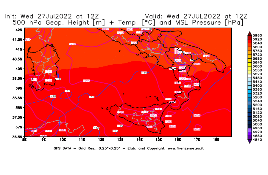 GFS analysi map - Geopotential [m] + Temp. [°C] at 500 hPa + Sea Level Pressure [hPa] in Southern Italy
									on 27/07/2022 12 <!--googleoff: index-->UTC<!--googleon: index-->