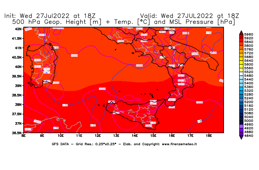 GFS analysi map - Geopotential [m] + Temp. [°C] at 500 hPa + Sea Level Pressure [hPa] in Southern Italy
									on 27/07/2022 18 <!--googleoff: index-->UTC<!--googleon: index-->