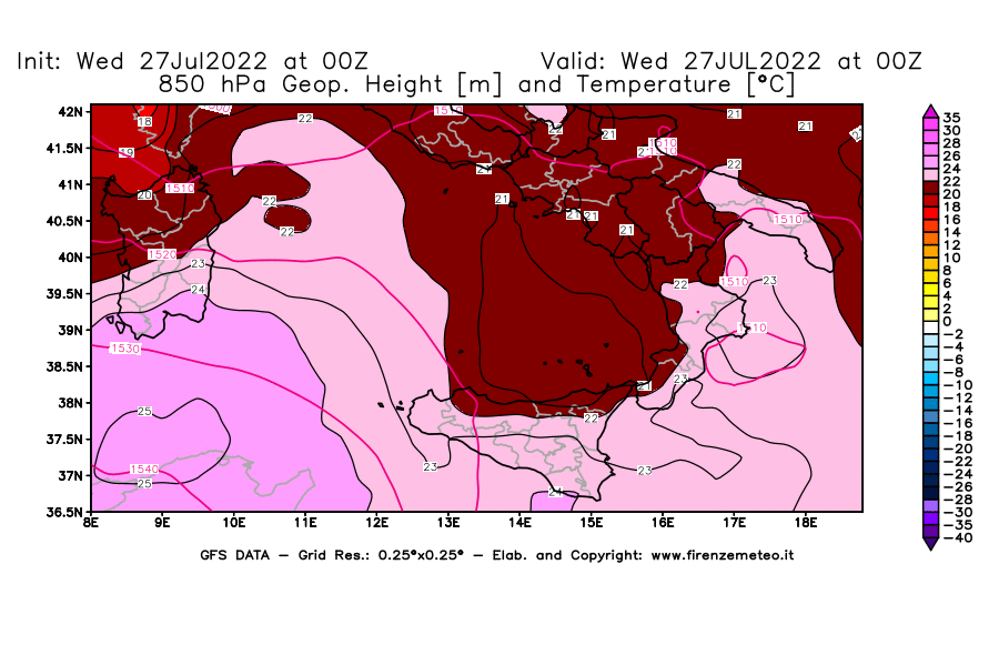 GFS analysi map - Geopotential [m] and Temperature [°C] at 850 hPa in Southern Italy
									on 27/07/2022 00 <!--googleoff: index-->UTC<!--googleon: index-->