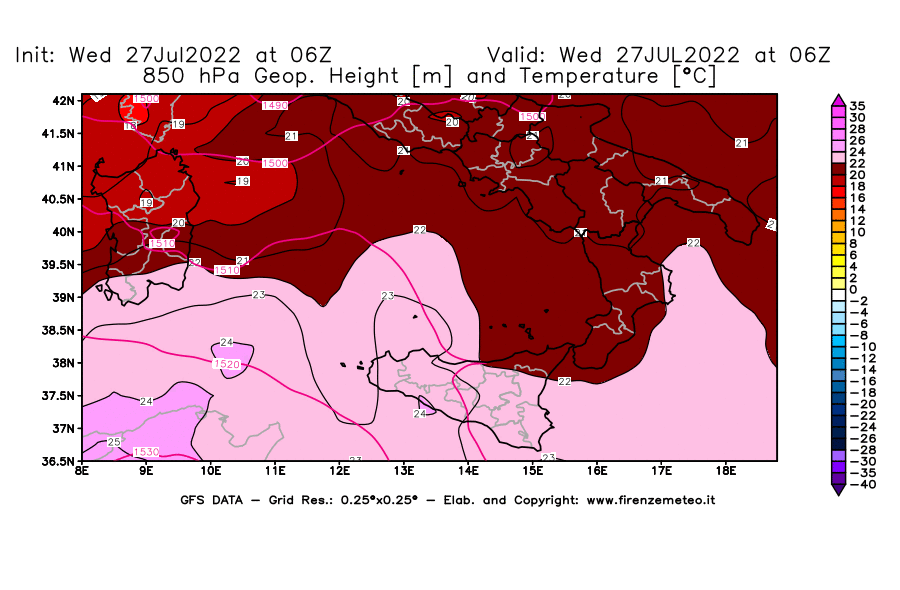 GFS analysi map - Geopotential [m] and Temperature [°C] at 850 hPa in Southern Italy
									on 27/07/2022 06 <!--googleoff: index-->UTC<!--googleon: index-->