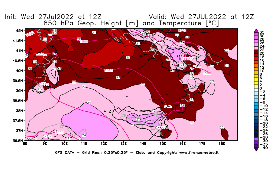 GFS analysi map - Geopotential [m] and Temperature [°C] at 850 hPa in Southern Italy
									on 27/07/2022 12 <!--googleoff: index-->UTC<!--googleon: index-->