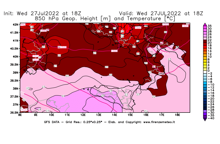 GFS analysi map - Geopotential [m] and Temperature [°C] at 850 hPa in Southern Italy
									on 27/07/2022 18 <!--googleoff: index-->UTC<!--googleon: index-->