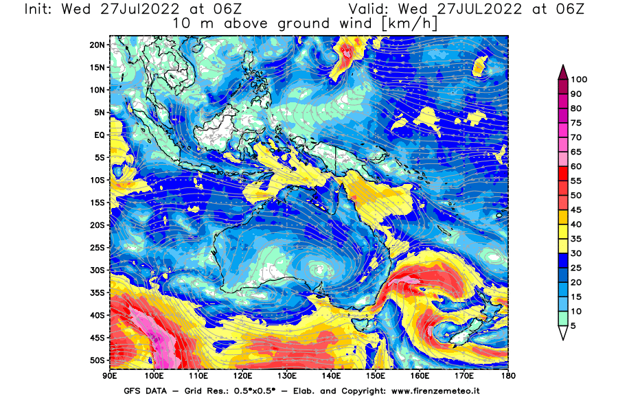 GFS analysi map - Wind Speed at 10 m above ground [km/h] in Oceania
									on 27/07/2022 06 <!--googleoff: index-->UTC<!--googleon: index-->