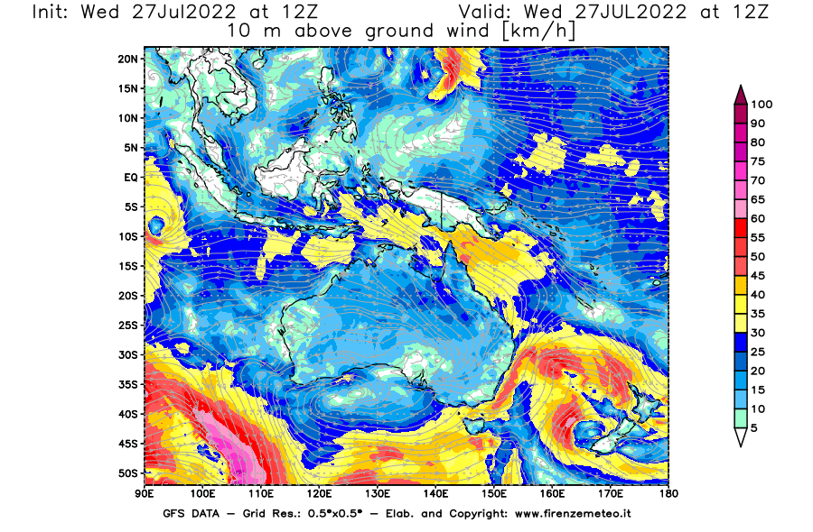 GFS analysi map - Wind Speed at 10 m above ground [km/h] in Oceania
									on 27/07/2022 12 <!--googleoff: index-->UTC<!--googleon: index-->