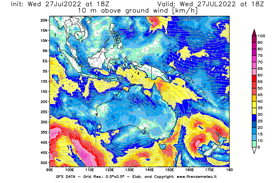 GFS analysi map - Wind Speed at 10 m above ground [km/h] in Oceania
									on 27/07/2022 18 <!--googleoff: index-->UTC<!--googleon: index-->