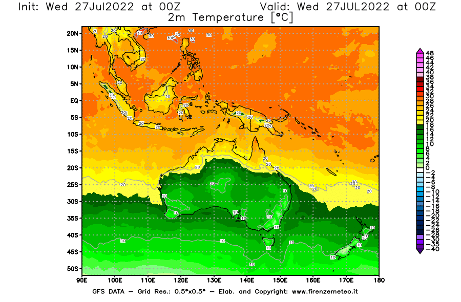 GFS analysi map - Temperature at 2 m above ground [°C] in Oceania
									on 27/07/2022 00 <!--googleoff: index-->UTC<!--googleon: index-->