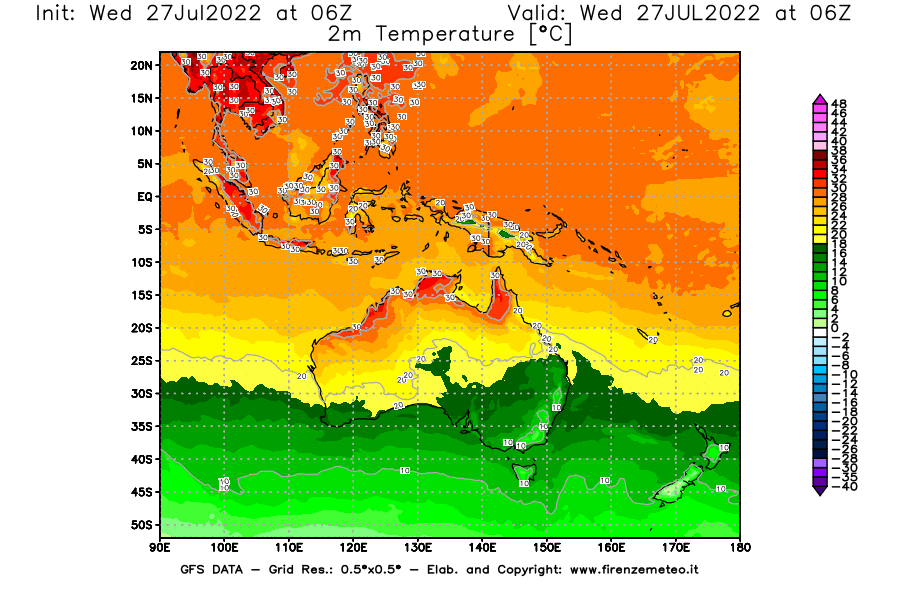 GFS analysi map - Temperature at 2 m above ground [°C] in Oceania
									on 27/07/2022 06 <!--googleoff: index-->UTC<!--googleon: index-->