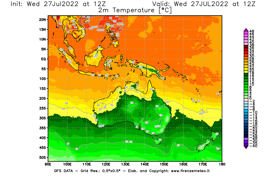 GFS analysi map - Temperature at 2 m above ground [°C] in Oceania
									on 27/07/2022 12 <!--googleoff: index-->UTC<!--googleon: index-->