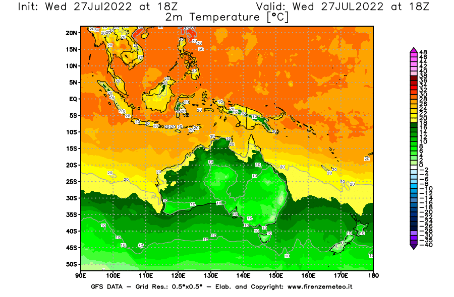 GFS analysi map - Temperature at 2 m above ground [°C] in Oceania
									on 27/07/2022 18 <!--googleoff: index-->UTC<!--googleon: index-->