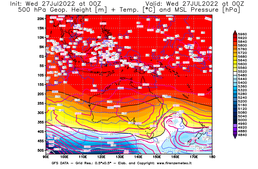 GFS analysi map - Geopotential [m] + Temp. [°C] at 500 hPa + Sea Level Pressure [hPa] in Oceania
									on 27/07/2022 00 <!--googleoff: index-->UTC<!--googleon: index-->