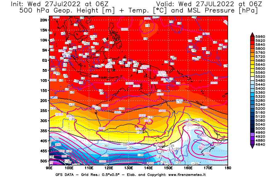 GFS analysi map - Geopotential [m] + Temp. [°C] at 500 hPa + Sea Level Pressure [hPa] in Oceania
									on 27/07/2022 06 <!--googleoff: index-->UTC<!--googleon: index-->