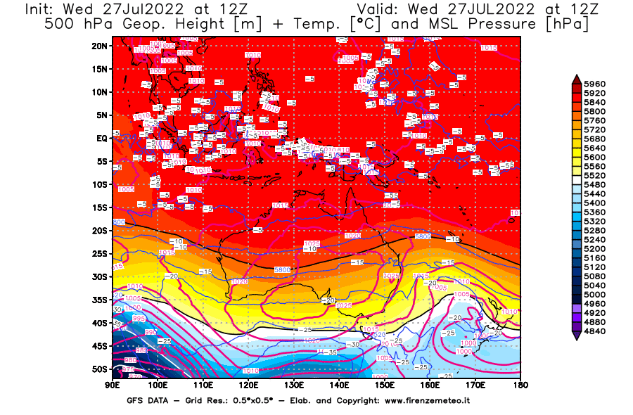 GFS analysi map - Geopotential [m] + Temp. [°C] at 500 hPa + Sea Level Pressure [hPa] in Oceania
									on 27/07/2022 12 <!--googleoff: index-->UTC<!--googleon: index-->