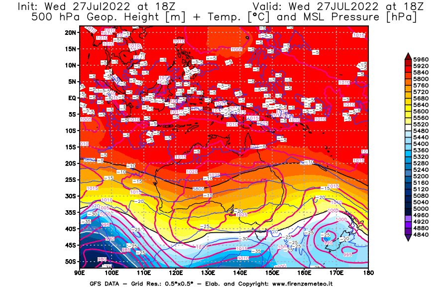GFS analysi map - Geopotential [m] + Temp. [°C] at 500 hPa + Sea Level Pressure [hPa] in Oceania
									on 27/07/2022 18 <!--googleoff: index-->UTC<!--googleon: index-->