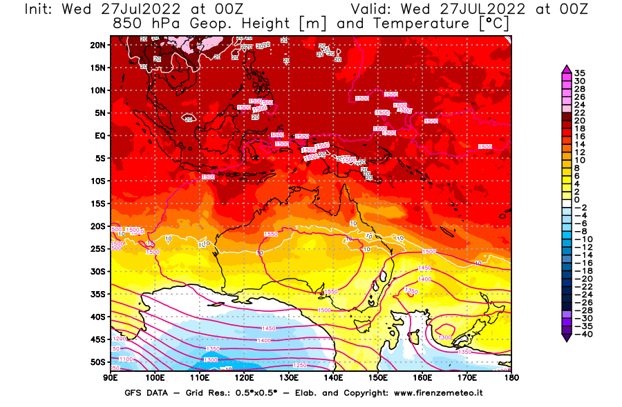 GFS analysi map - Geopotential [m] and Temperature [°C] at 850 hPa in Oceania
									on 27/07/2022 00 <!--googleoff: index-->UTC<!--googleon: index-->