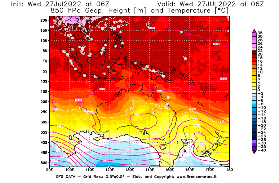 GFS analysi map - Geopotential [m] and Temperature [°C] at 850 hPa in Oceania
									on 27/07/2022 06 <!--googleoff: index-->UTC<!--googleon: index-->