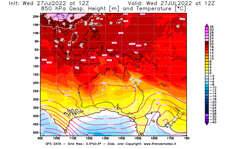 GFS analysi map - Geopotential [m] and Temperature [°C] at 850 hPa in Oceania
									on 27/07/2022 12 <!--googleoff: index-->UTC<!--googleon: index-->