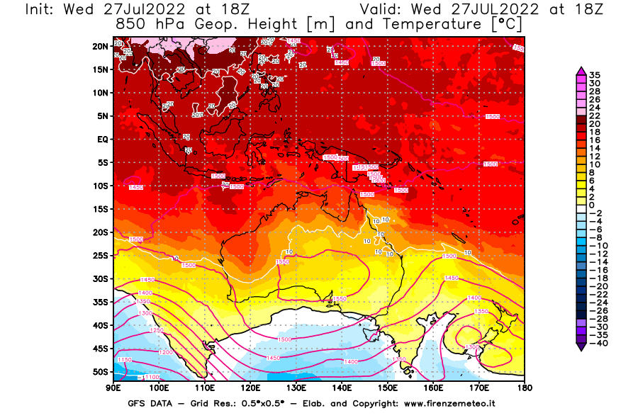 GFS analysi map - Geopotential [m] and Temperature [°C] at 850 hPa in Oceania
									on 27/07/2022 18 <!--googleoff: index-->UTC<!--googleon: index-->