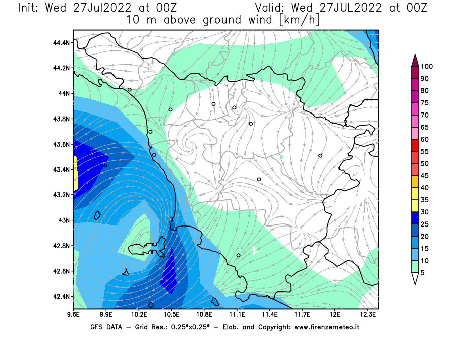 GFS analysi map - Wind Speed at 10 m above ground [km/h] in Tuscany
									on 27/07/2022 00 <!--googleoff: index-->UTC<!--googleon: index-->