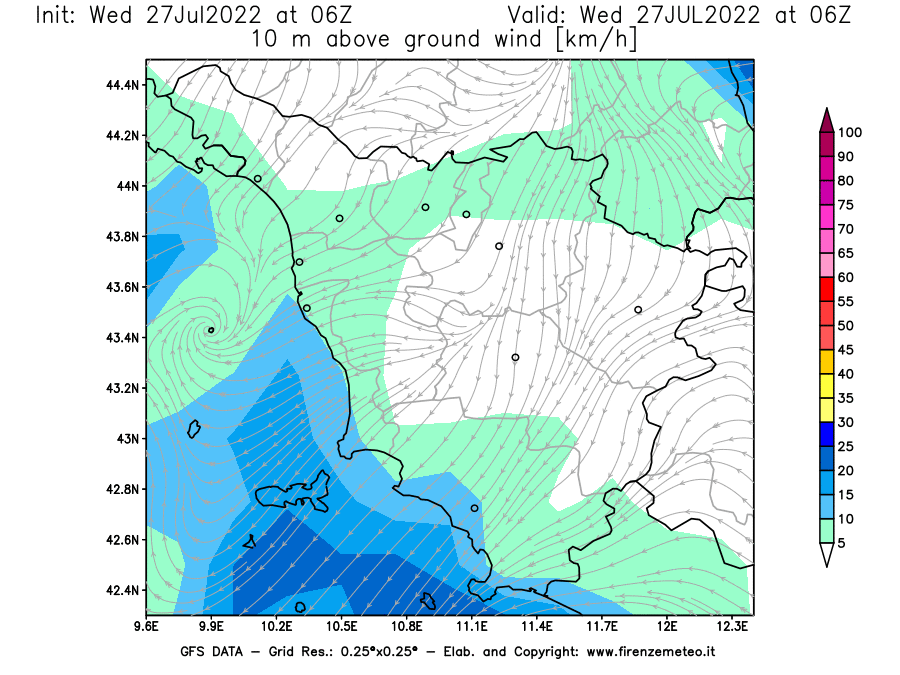 GFS analysi map - Wind Speed at 10 m above ground [km/h] in Tuscany
									on 27/07/2022 06 <!--googleoff: index-->UTC<!--googleon: index-->