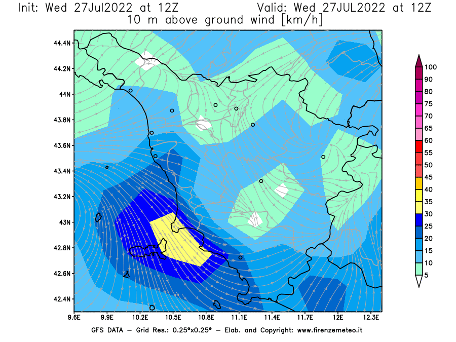 GFS analysi map - Wind Speed at 10 m above ground [km/h] in Tuscany
									on 27/07/2022 12 <!--googleoff: index-->UTC<!--googleon: index-->