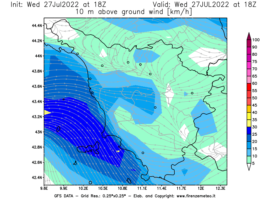 GFS analysi map - Wind Speed at 10 m above ground [km/h] in Tuscany
									on 27/07/2022 18 <!--googleoff: index-->UTC<!--googleon: index-->