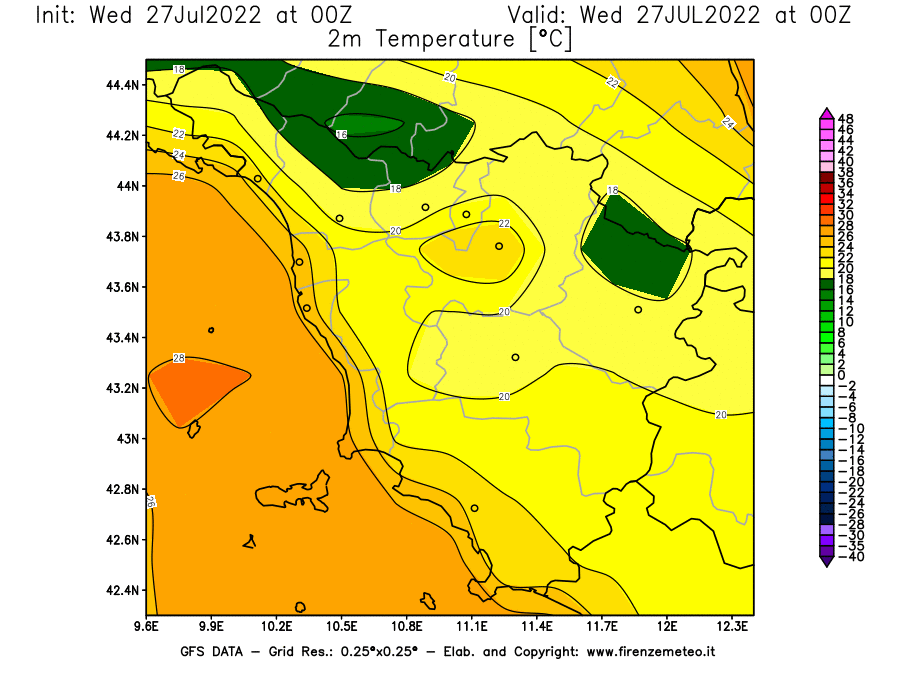 GFS analysi map - Temperature at 2 m above ground [°C] in Tuscany
									on 27/07/2022 00 <!--googleoff: index-->UTC<!--googleon: index-->