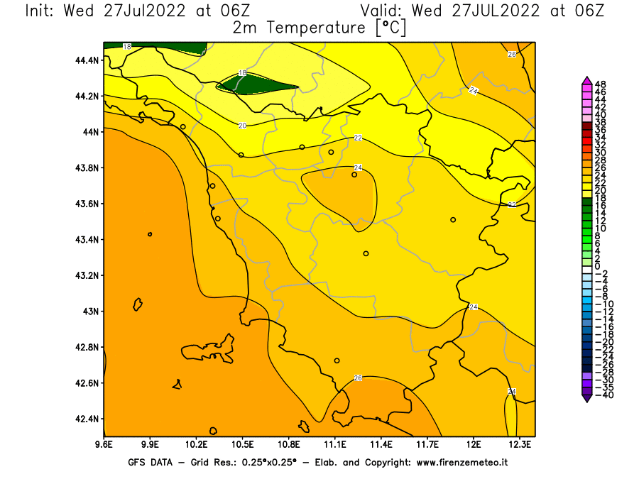 GFS analysi map - Temperature at 2 m above ground [°C] in Tuscany
									on 27/07/2022 06 <!--googleoff: index-->UTC<!--googleon: index-->